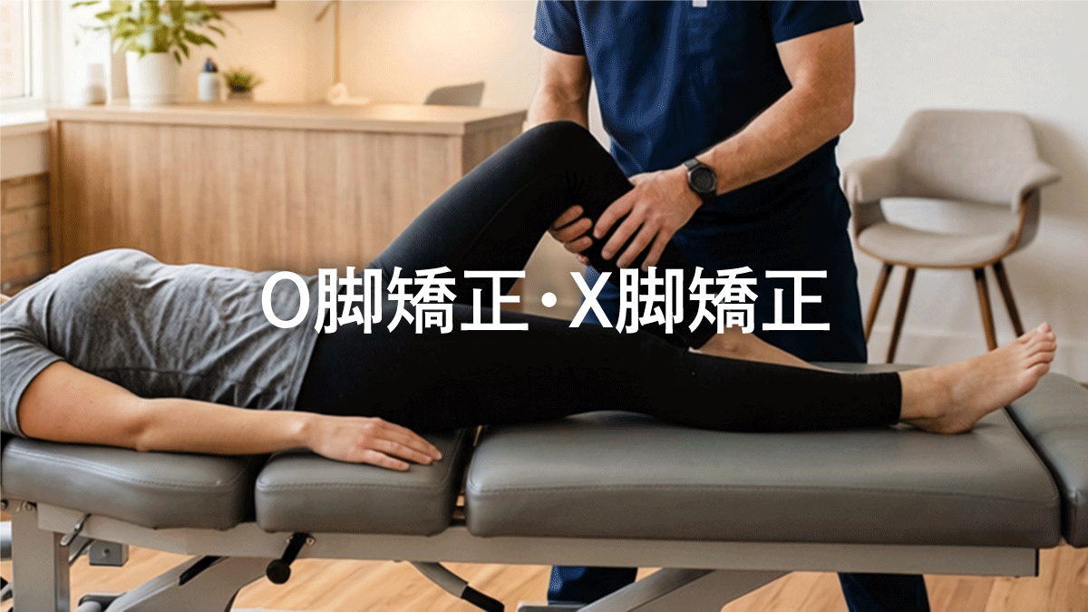Therapist helps straighten a patient's leg for O- and X-leg correction on a treatment table (clinic setting).